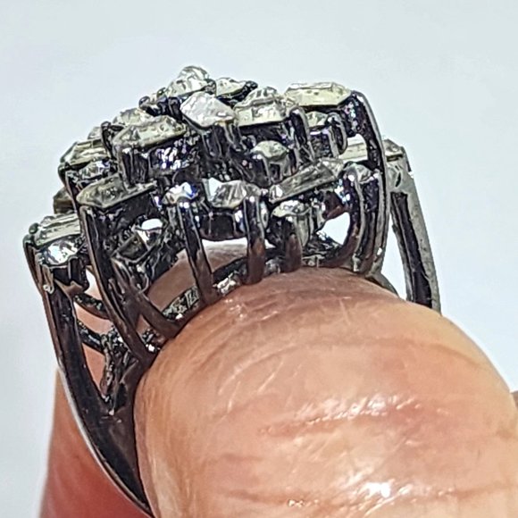 Baguette and Round White Rhinestone Dome Dressy Gunmetal Gray Cocktail Ring SZ 5 - Picture 10 of 13